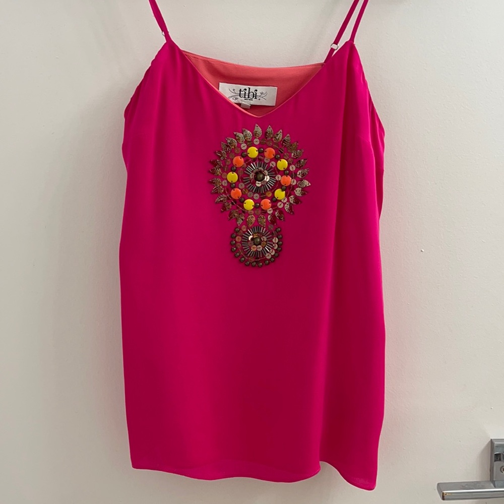 Tibi bright pink silk tank w tribal sequin pattern